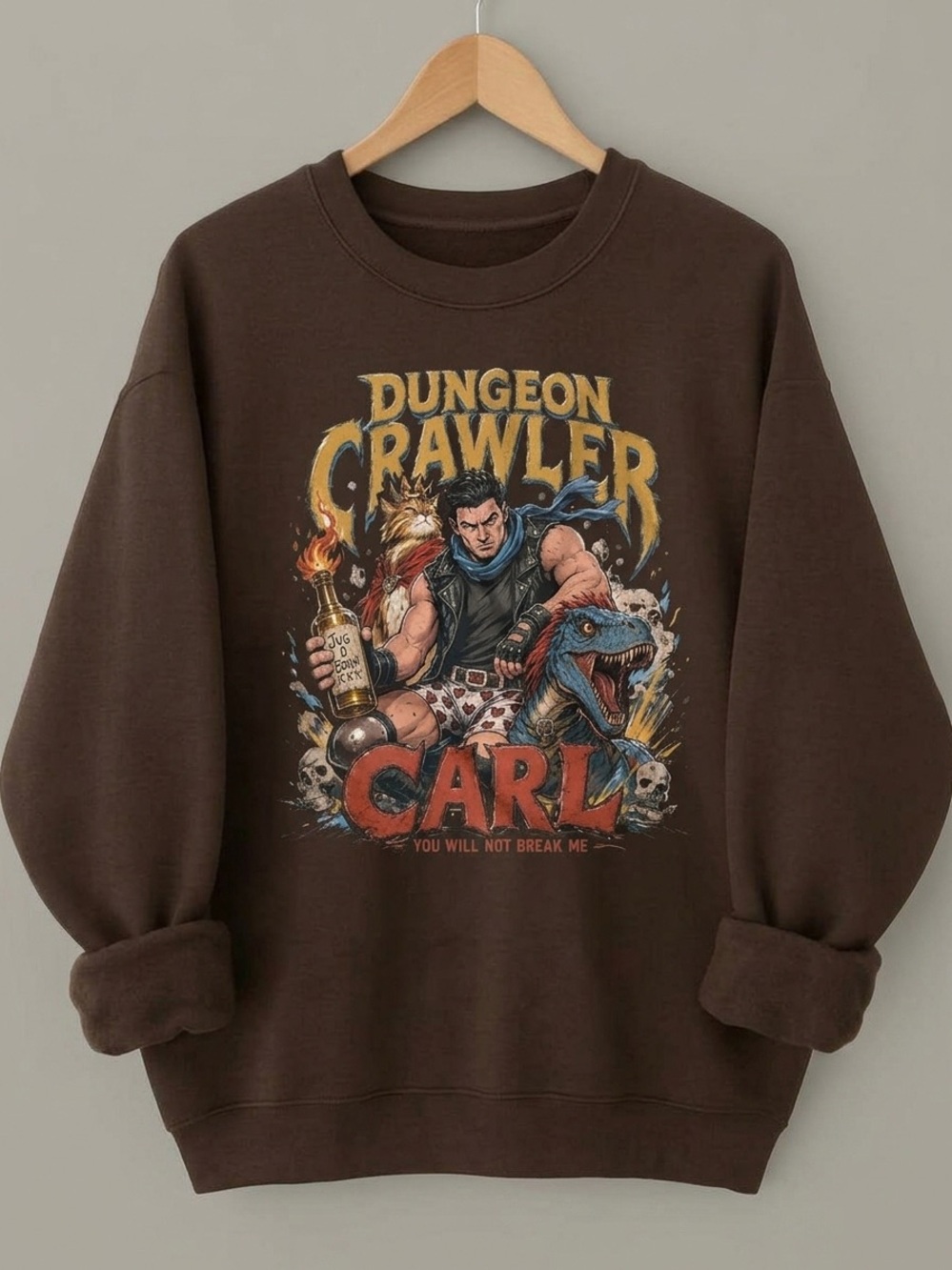Dungeon Crawler Carl Sweatshirt, Fantasy Adventure Graphic - Dark Chocolate